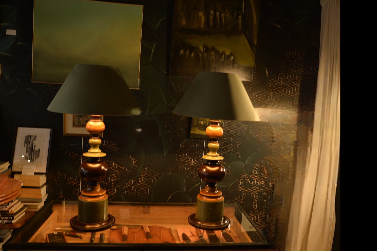 Paire de lampes en bois polychrome-photo-2