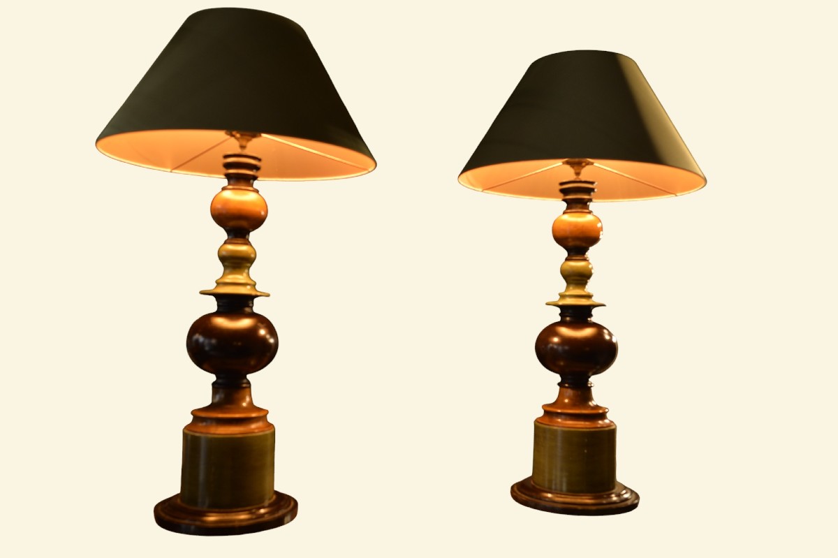 Paire de lampes en bois polychrome