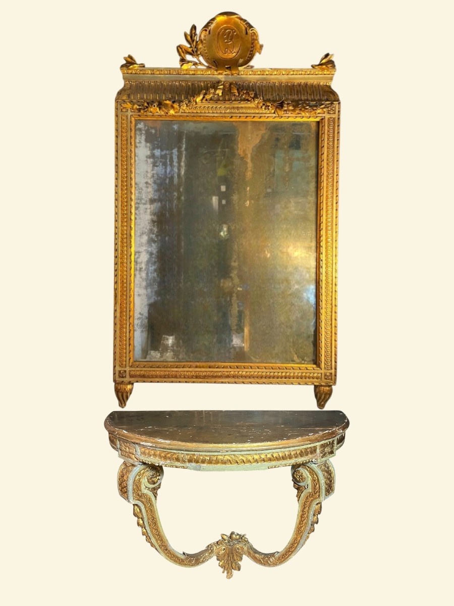 Louis XVI Style Set – Console And Mirror In Carved And Gilded Wood, 18th Century