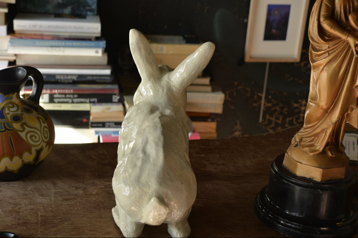 Lièvre en céramique émaillée blanche-photo-2