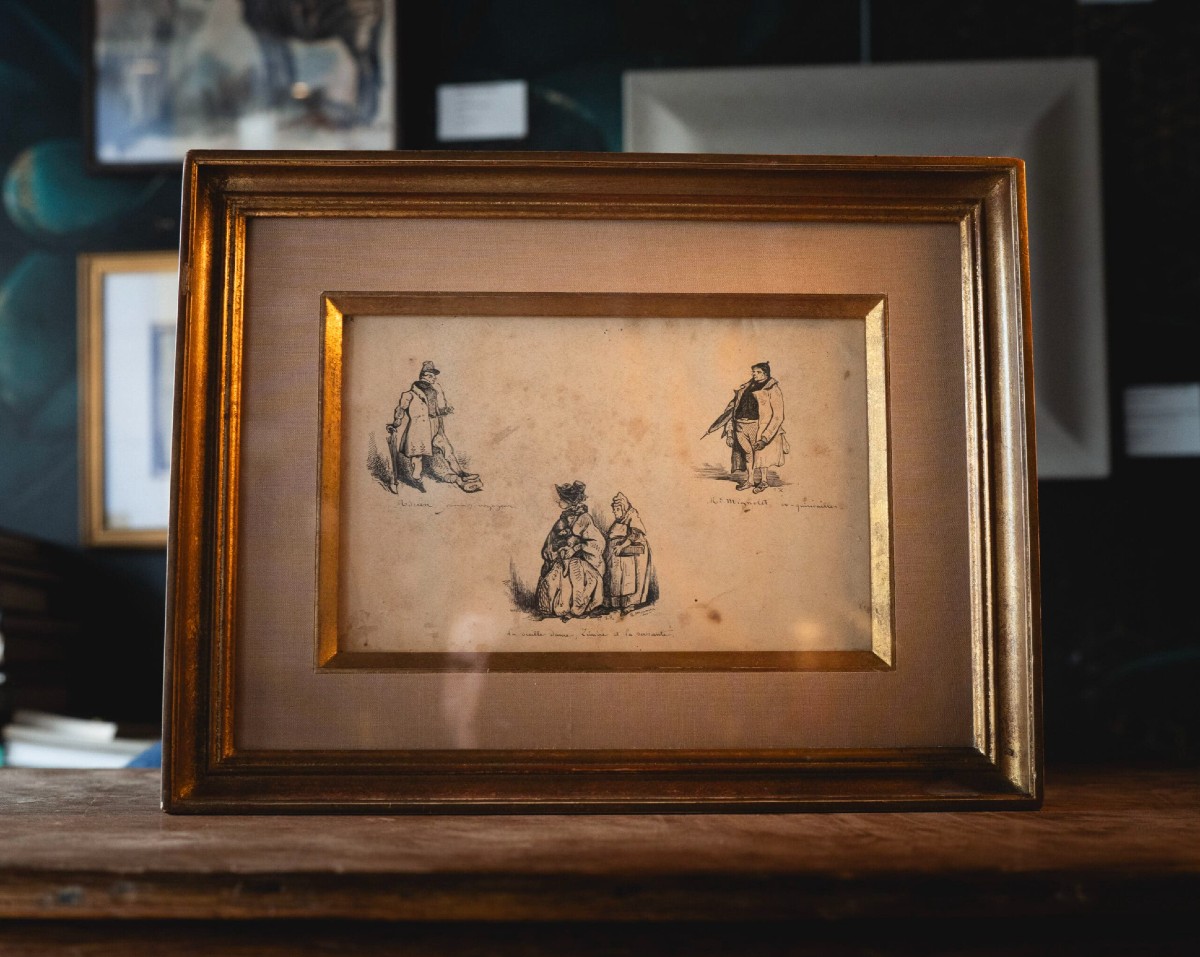 Henri Monier (1799–1877) - Dessin à l'encre de quatre personnages annotés 