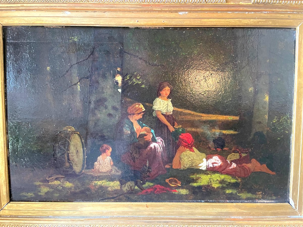 Famille Romani Dans Une Clairière – Huile Sur Panneau, XIXe Siècle-photo-4