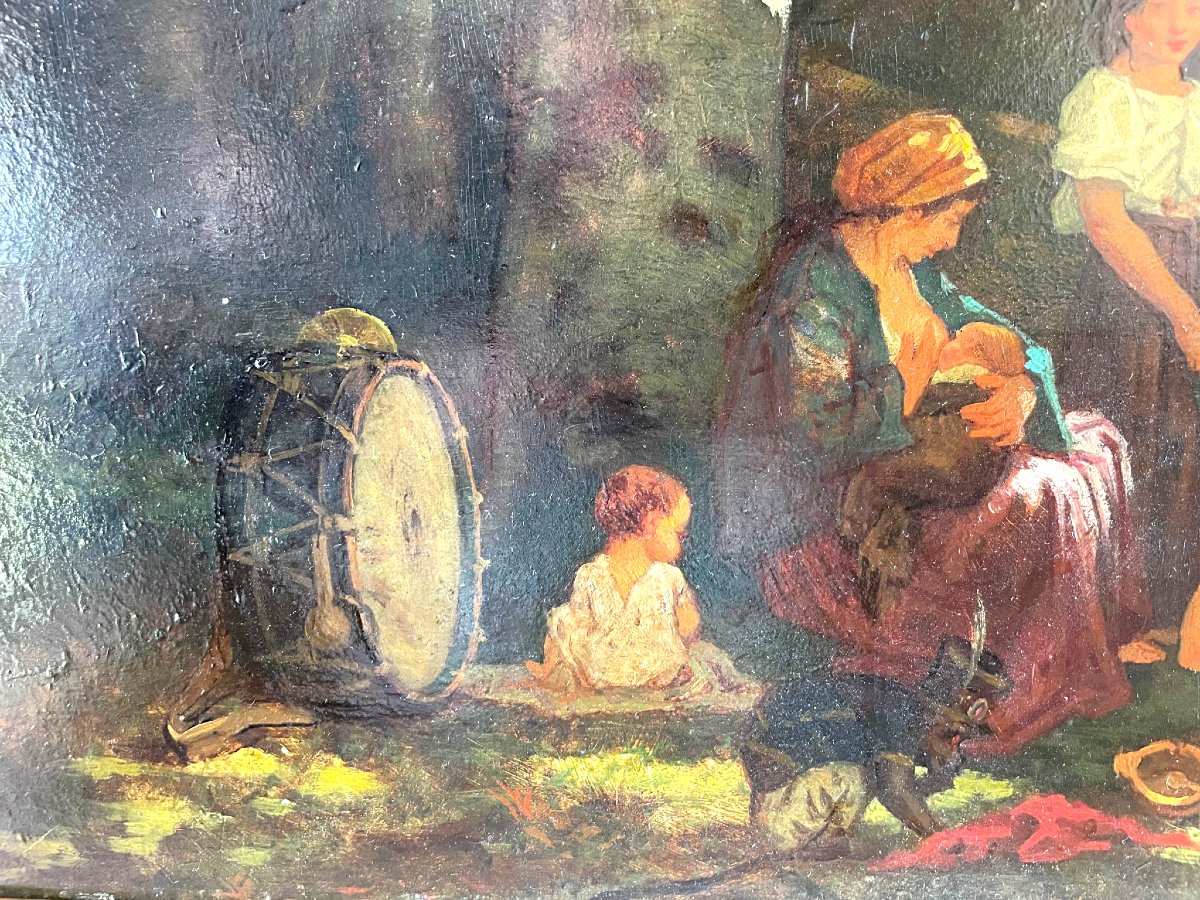 Famille Romani Dans Une Clairière – Huile Sur Panneau, XIXe Siècle-photo-1