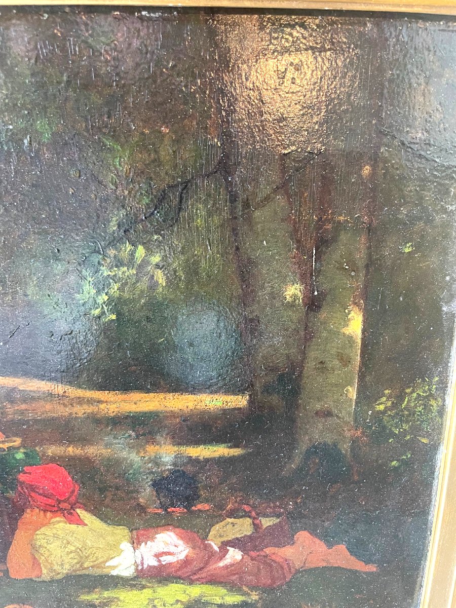 Famille Romani Dans Une Clairière – Huile Sur Panneau, XIXe Siècle-photo-8