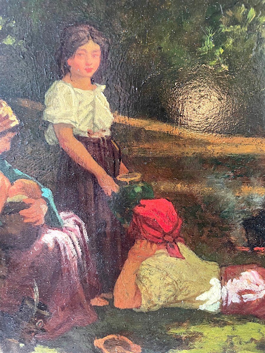 Famille Romani Dans Une Clairière - Oil On Panel, 19th Century-photo-3