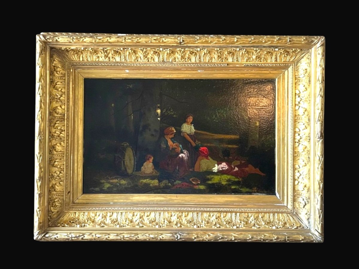 Famille Romani Dans Une Clairière – Huile Sur Panneau, XIXe Siècle