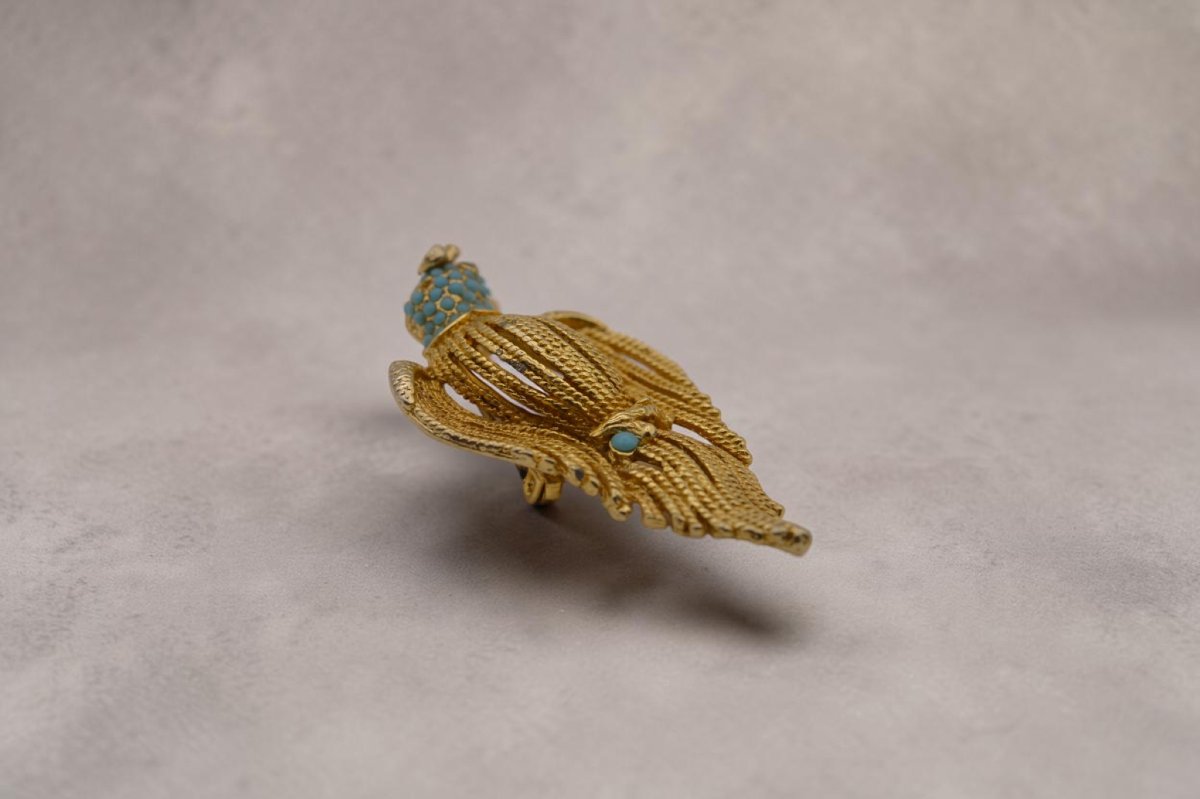 Broche oiseau en plaqué or et cabochons turquoise – Dans le goût de Van Cleef & Arpels-photo-3
