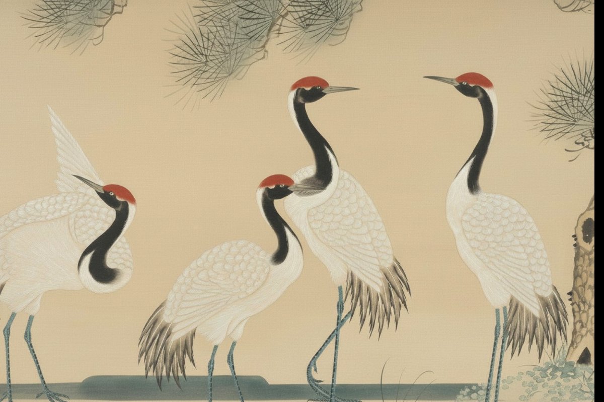 Large Japanese Panel Painted On Paper Mounted On Silk – Cranes Under A Pine Tree – 20th Century-photo-2