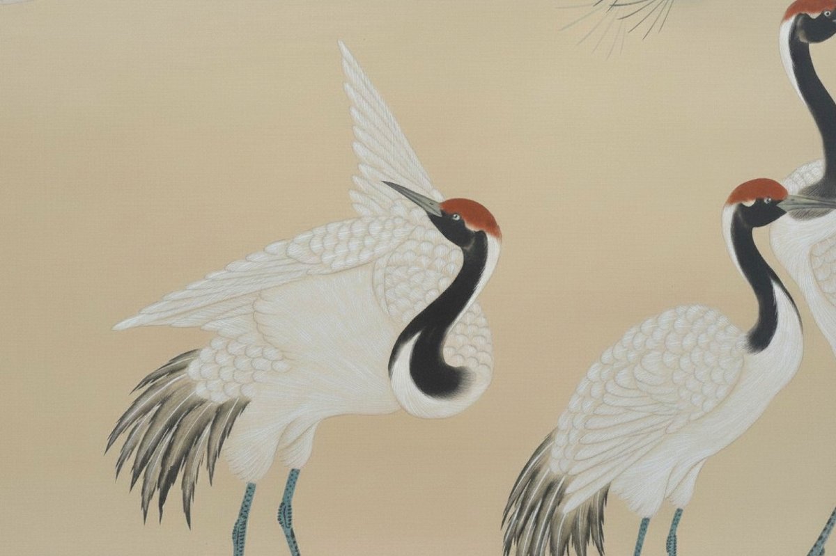 Large Japanese Panel Painted On Paper Mounted On Silk – Cranes Under A Pine Tree – 20th Century-photo-3
