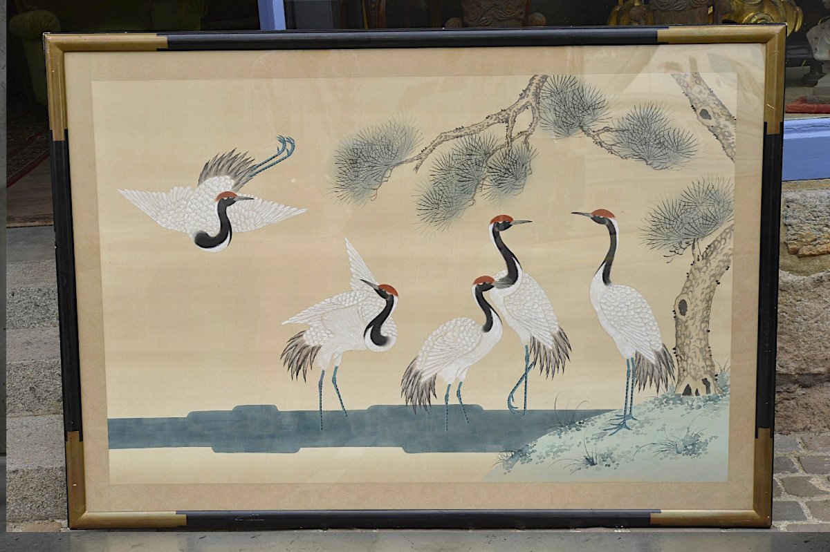 Large Japanese Panel Painted On Paper Mounted On Silk – Cranes Under A Pine Tree – 20th Century-photo-4