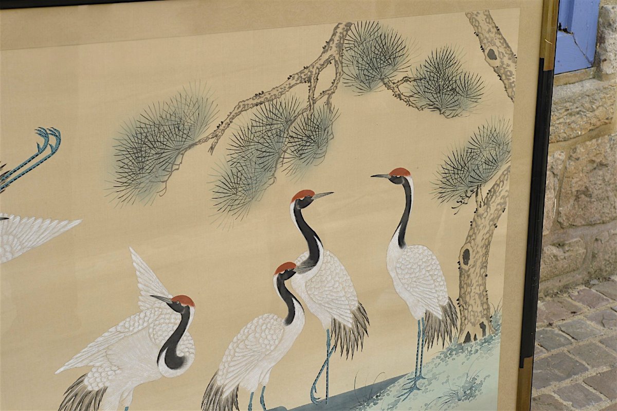 Large Japanese Panel Painted On Paper Mounted On Silk – Cranes Under A Pine Tree – 20th Century-photo-3
