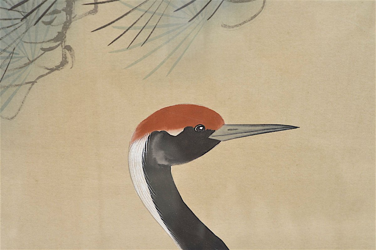 Large Japanese Panel Painted On Paper Mounted On Silk – Cranes Under A Pine Tree – 20th Century-photo-4