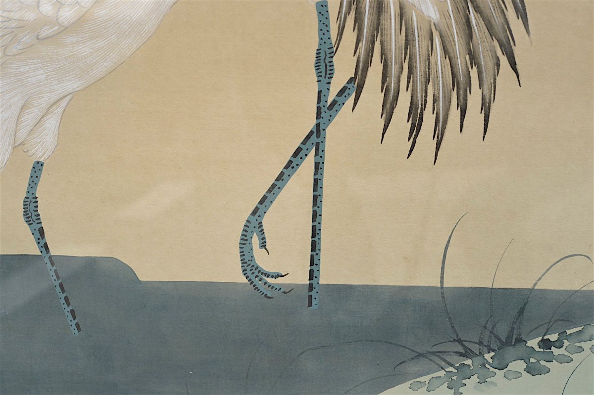 Large Japanese Panel Painted On Paper Mounted On Silk – Cranes Under A Pine Tree – 20th Century-photo-5