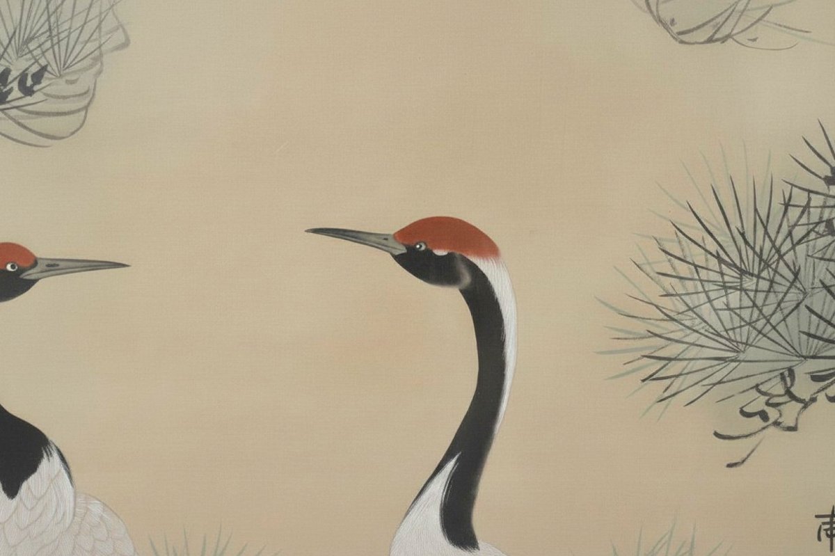 Large Japanese Panel Painted On Paper Mounted On Silk – Cranes Under A Pine Tree – 20th Century-photo-6