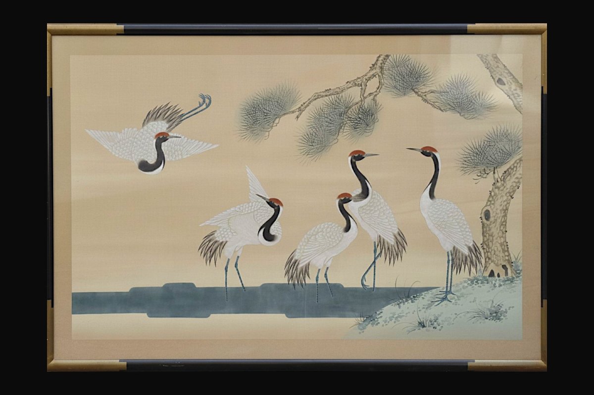 Large Japanese Panel Painted On Paper Mounted On Silk – Cranes Under A Pine Tree – 20th Century