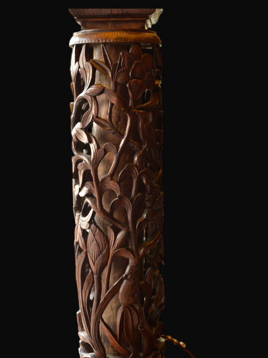 Lampe Art nouveau en bois sculpté ajouré – Circa 1920-photo-2