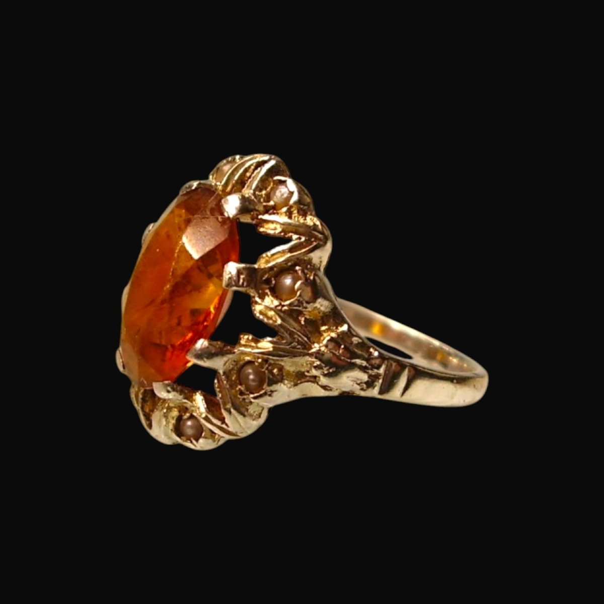 Bague victorienne en argent, spinelle synthétique couleur Madeira et perles fines – vers 1890-photo-4