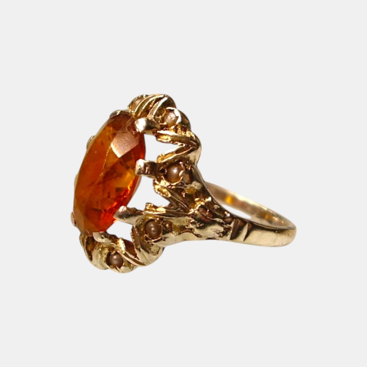 Bague victorienne en argent, spinelle synthétique couleur Madeira et perles fines – vers 1890-photo-2