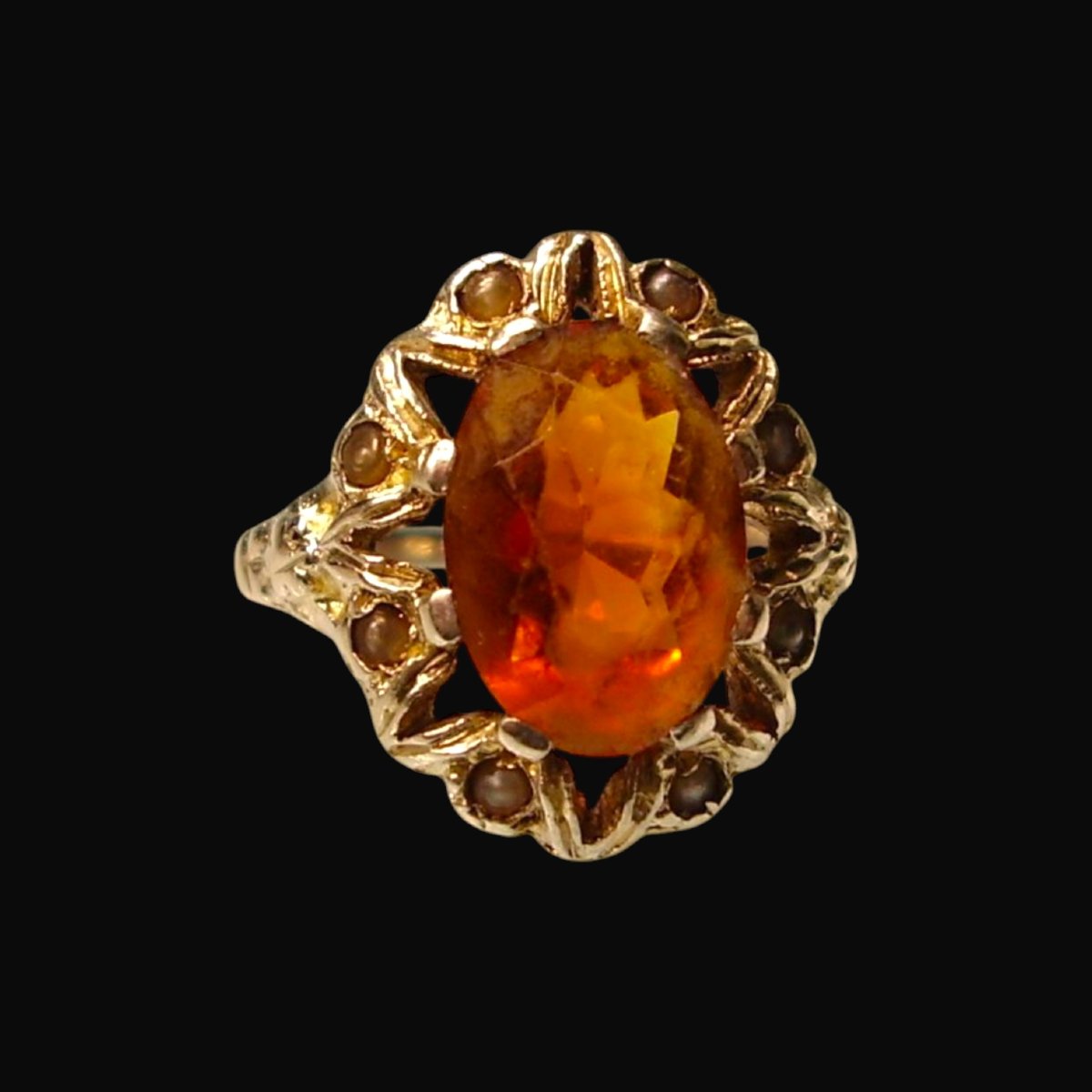 Bague victorienne en argent, spinelle synthétique couleur Madeira et perles fines – vers 1890-photo-1