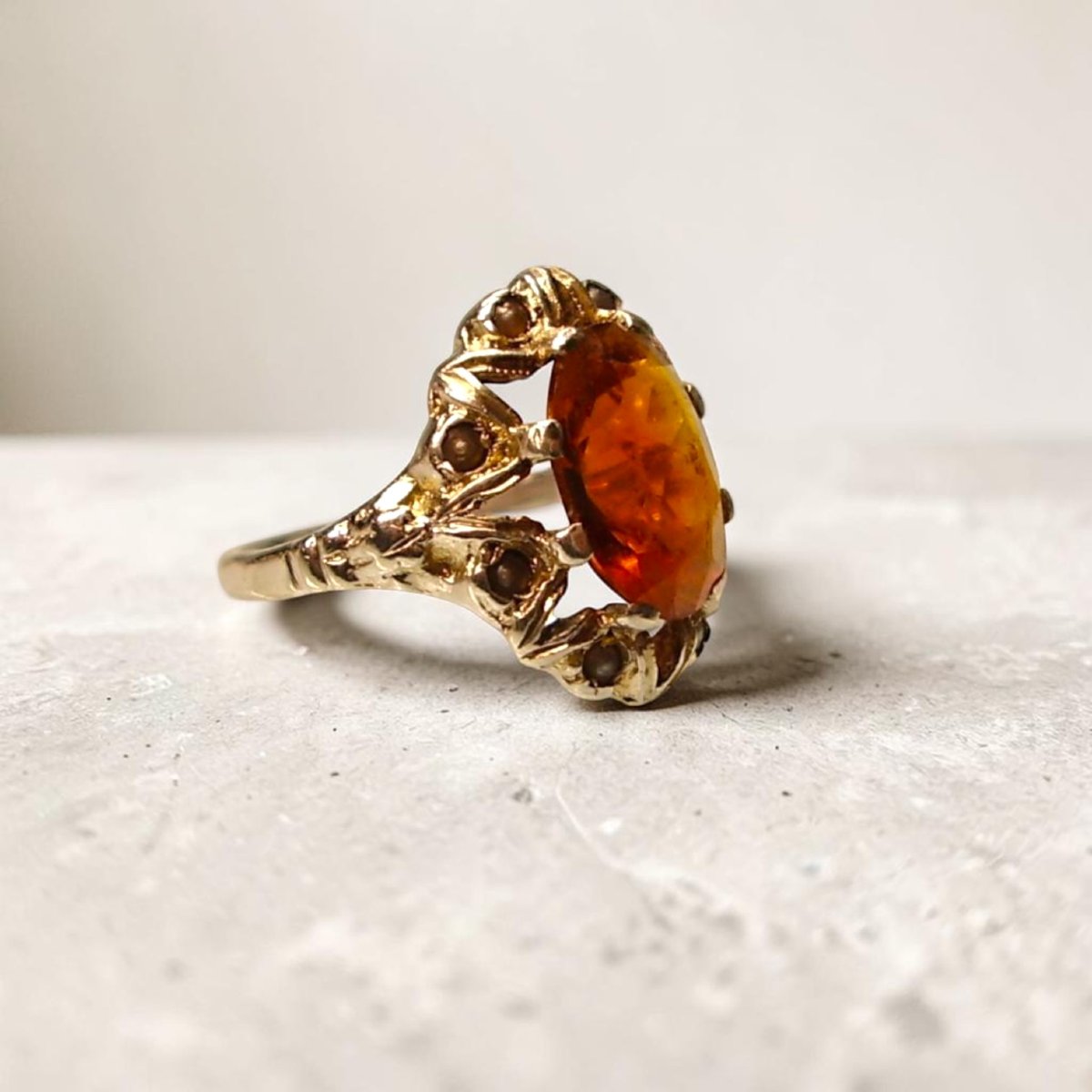 Bague victorienne en argent, spinelle synthétique couleur Madeira et perles fines – vers 1890-photo-2