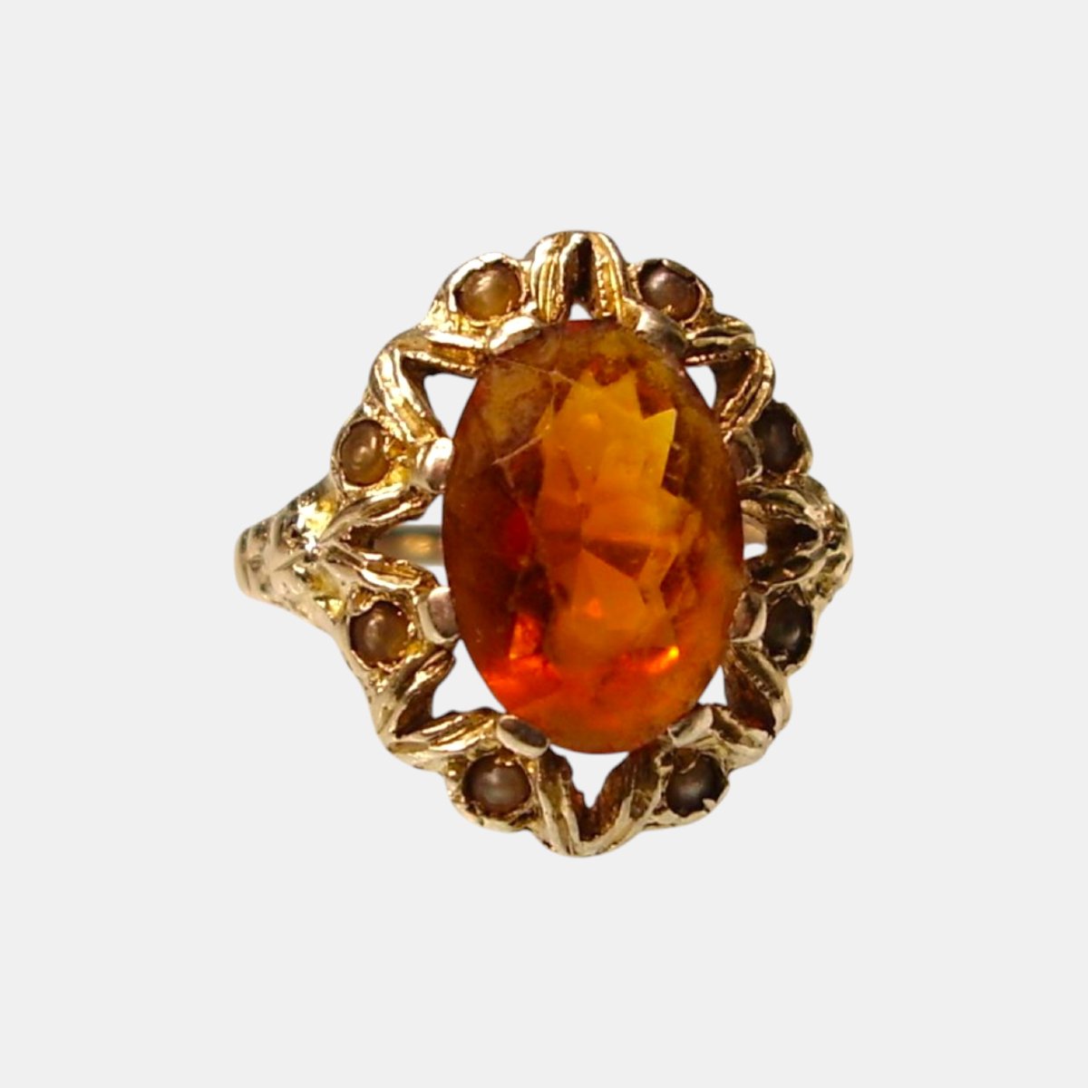 Bague victorienne en argent, spinelle synthétique couleur Madeira et perles fines – vers 1890