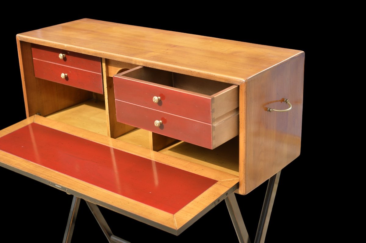 SECRÉTAIRE DESIGN FRANÇAIS EN MERISIER ET BOIS LAQUÉ NOIR, VERS 1960-photo-1