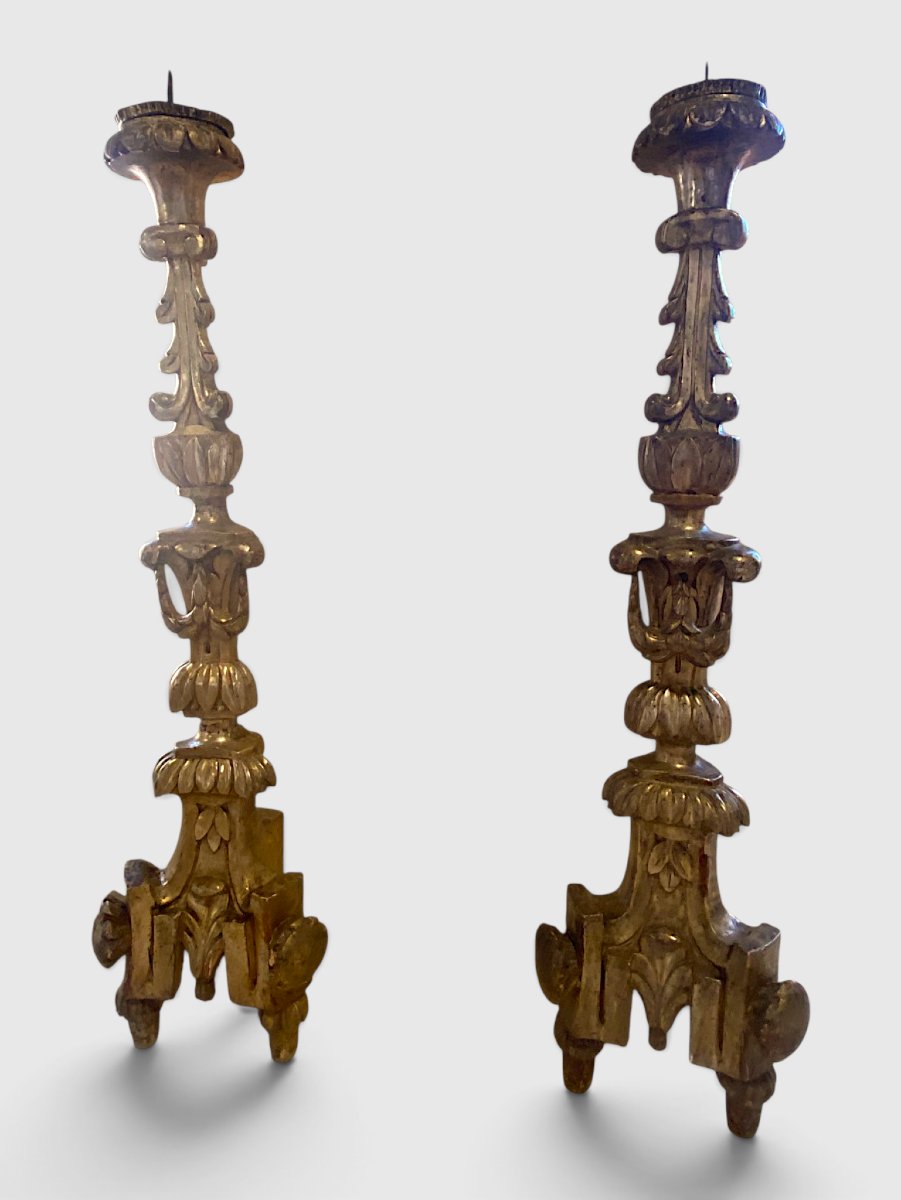 Large Pair Of Carved And Gilded Church Candlesticks – 18th Century