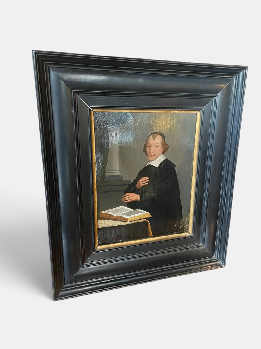 Portrait d'un ecclésiastique ou théologien – Huile sur panneau, XVIIe siècle-photo-2