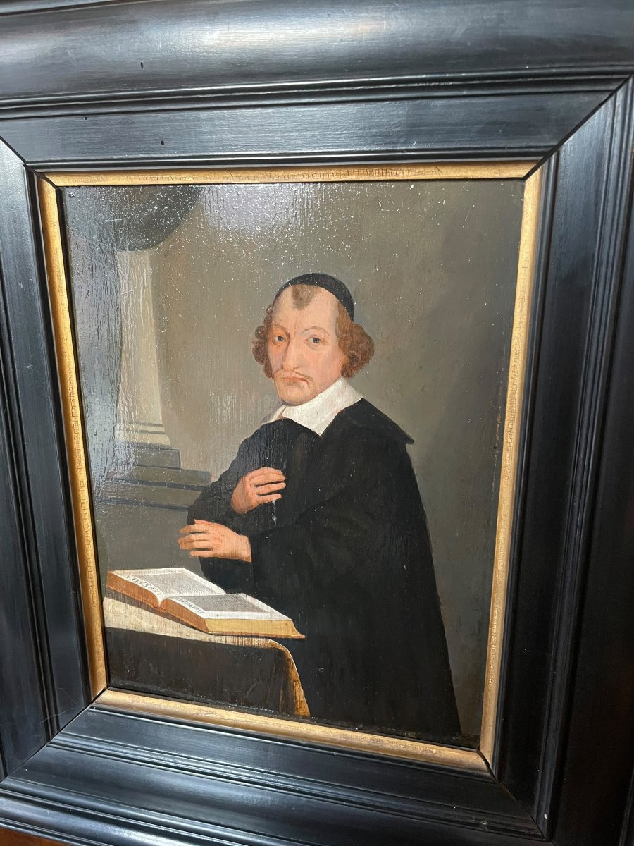 Portrait d'un ecclésiastique ou théologien – Huile sur panneau, XVIIe siècle-photo-1