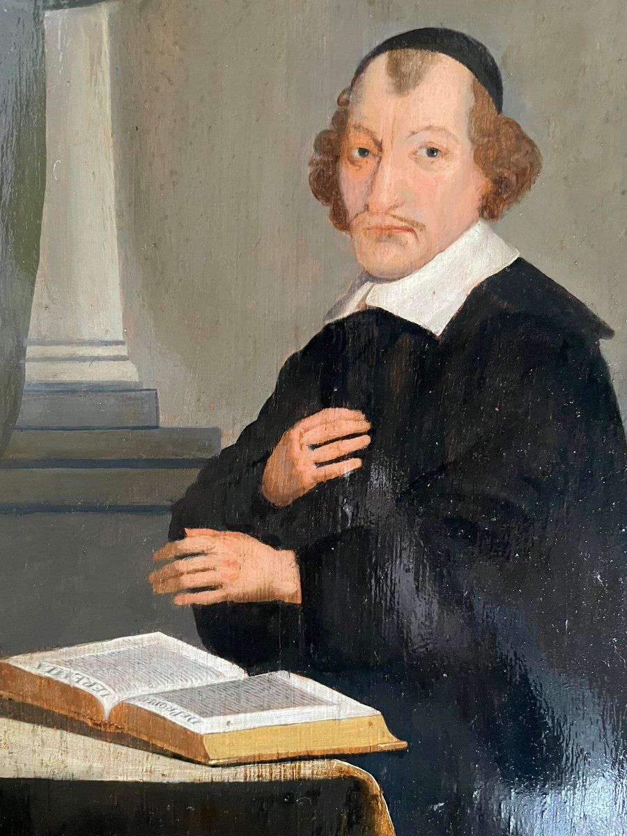 Portrait d'un ecclésiastique ou théologien – Huile sur panneau, XVIIe siècle-photo-2