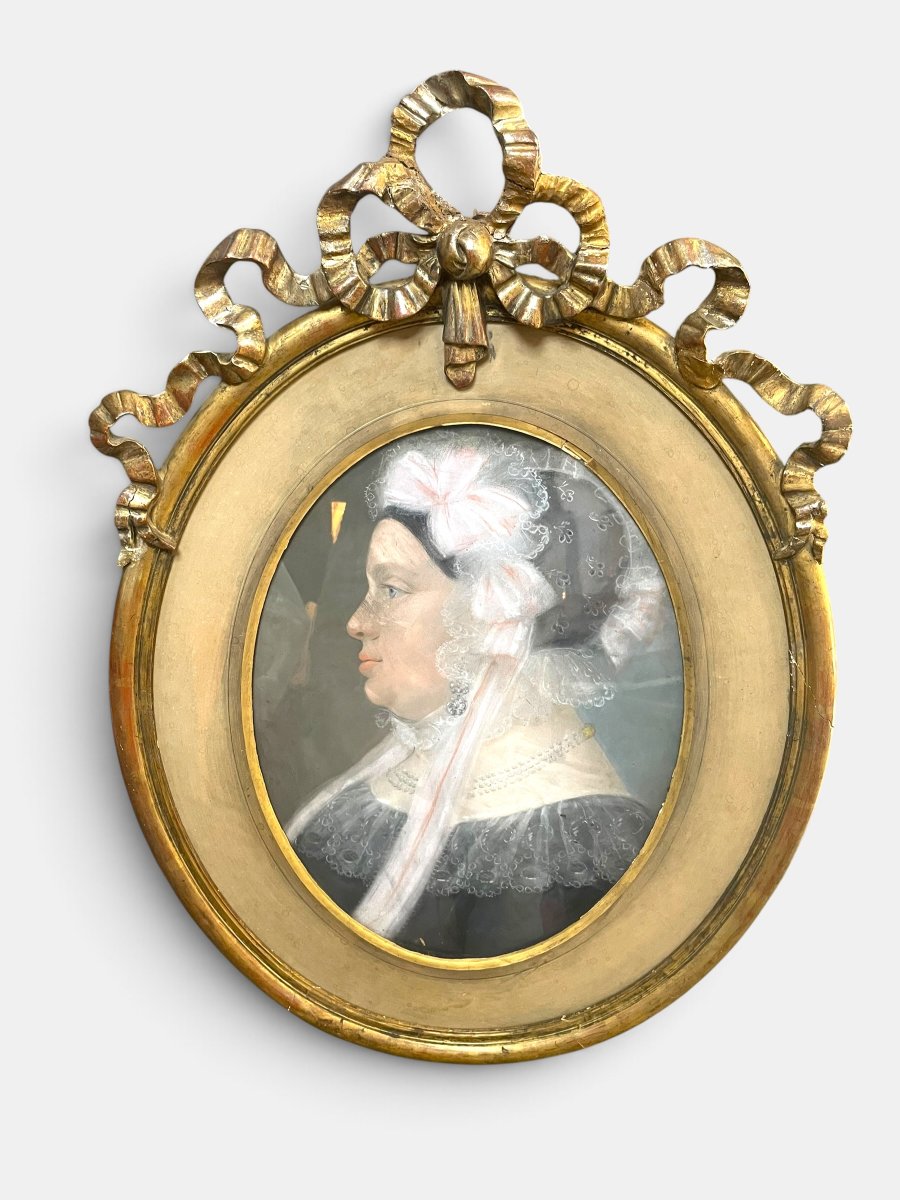 Portrait de Madame Fuchs au pastel, signé Debus et daté 1830 – Cadre Louis XVI-photo-2