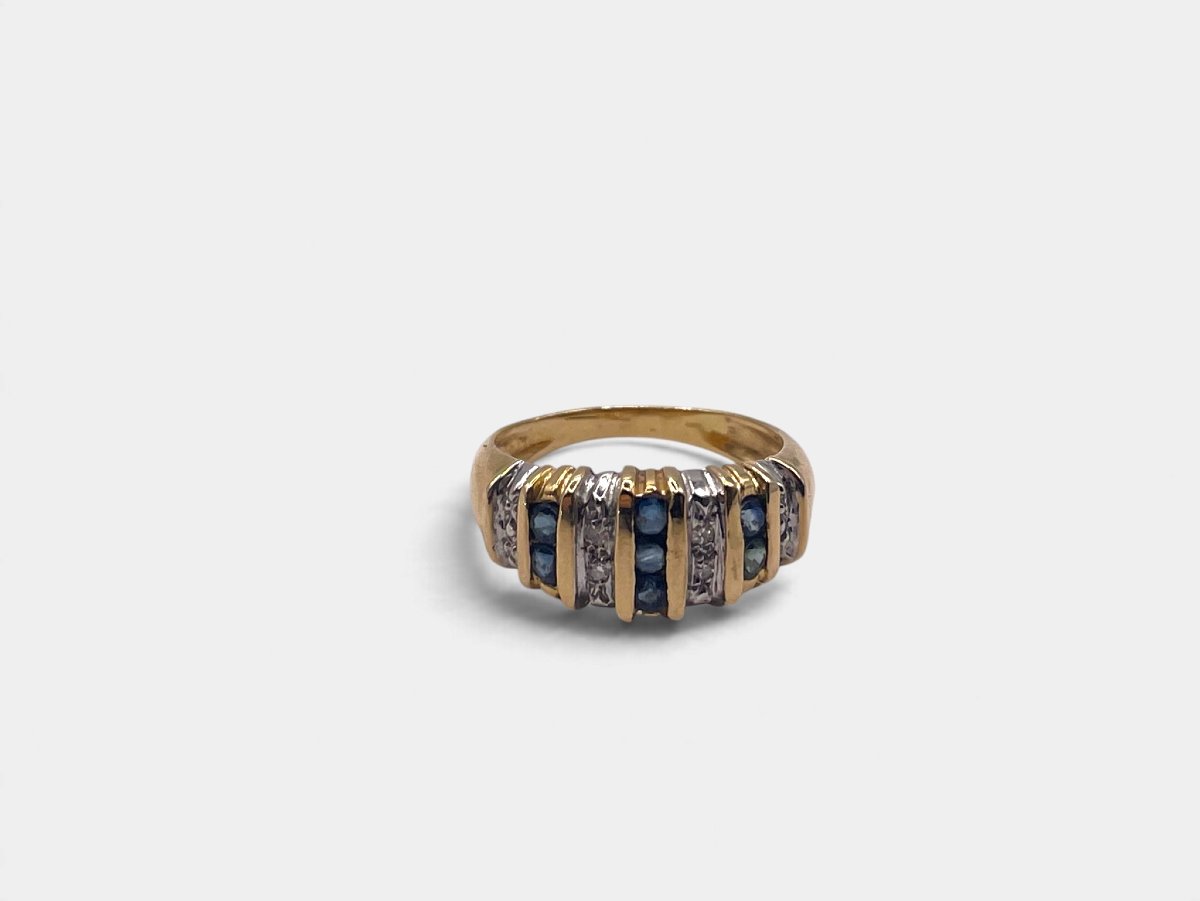 Bague vintage en or 18 carats, saphirs et diamants — Années 1990-photo-2
