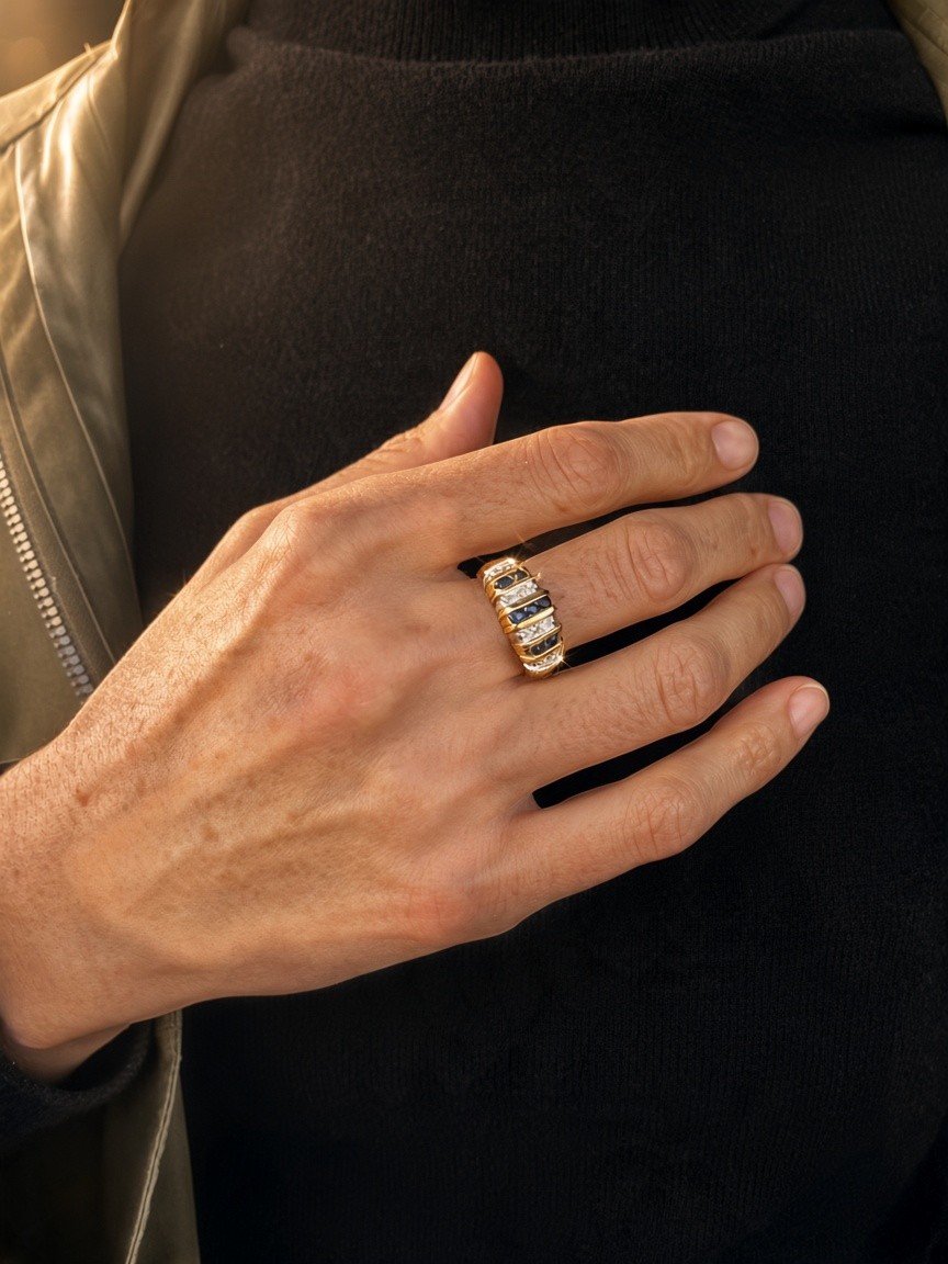 Bague vintage en or 18 carats, saphirs et diamants — Années 1990-photo-1