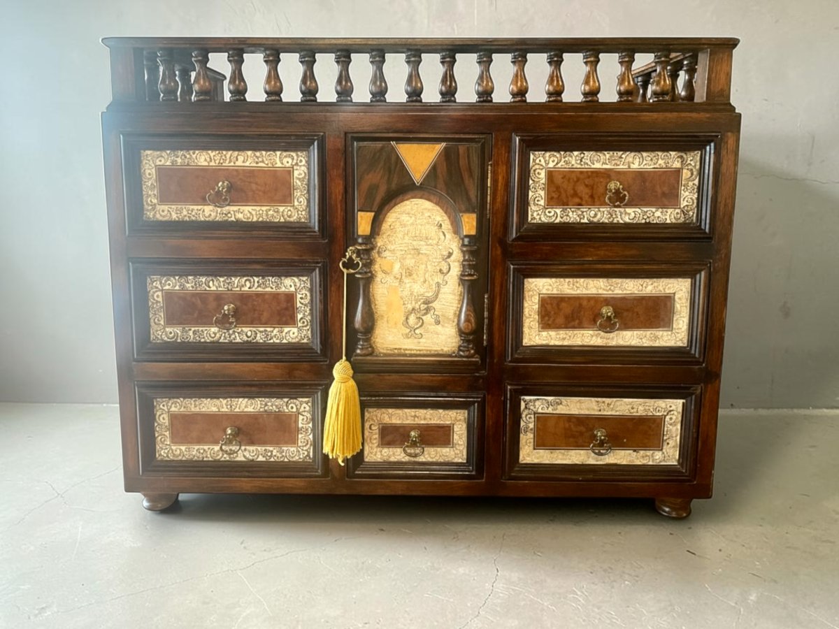 Cabinet espagnol de type Bargueño en bois marqueté – Style néo-Renaissance, XIXe siècle-photo-4