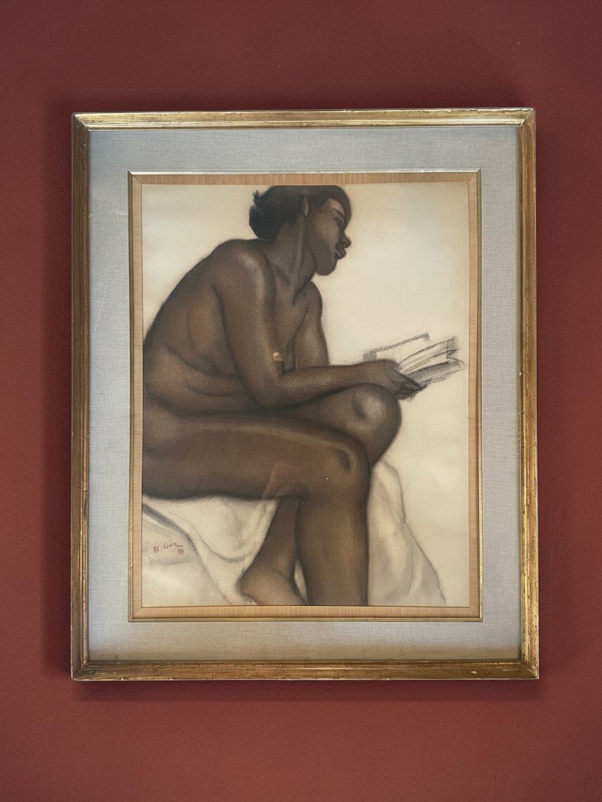 René  GEN, Nu de femme noire à la lecture –  daté 1939-photo-1
