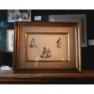 Henri Monier (1799–1877) - Dessin à l'encre de quatre personnages annotés 