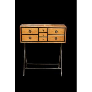 SECRÉTAIRE DESIGN FRANÇAIS EN MERISIER ET BOIS LAQUÉ NOIR, VERS 1960