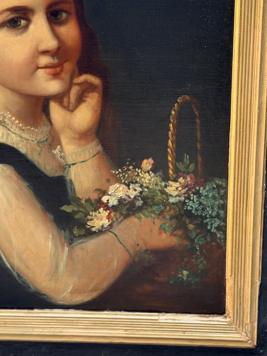 Oil On Canvas Young Girl 19th Century-photo-3