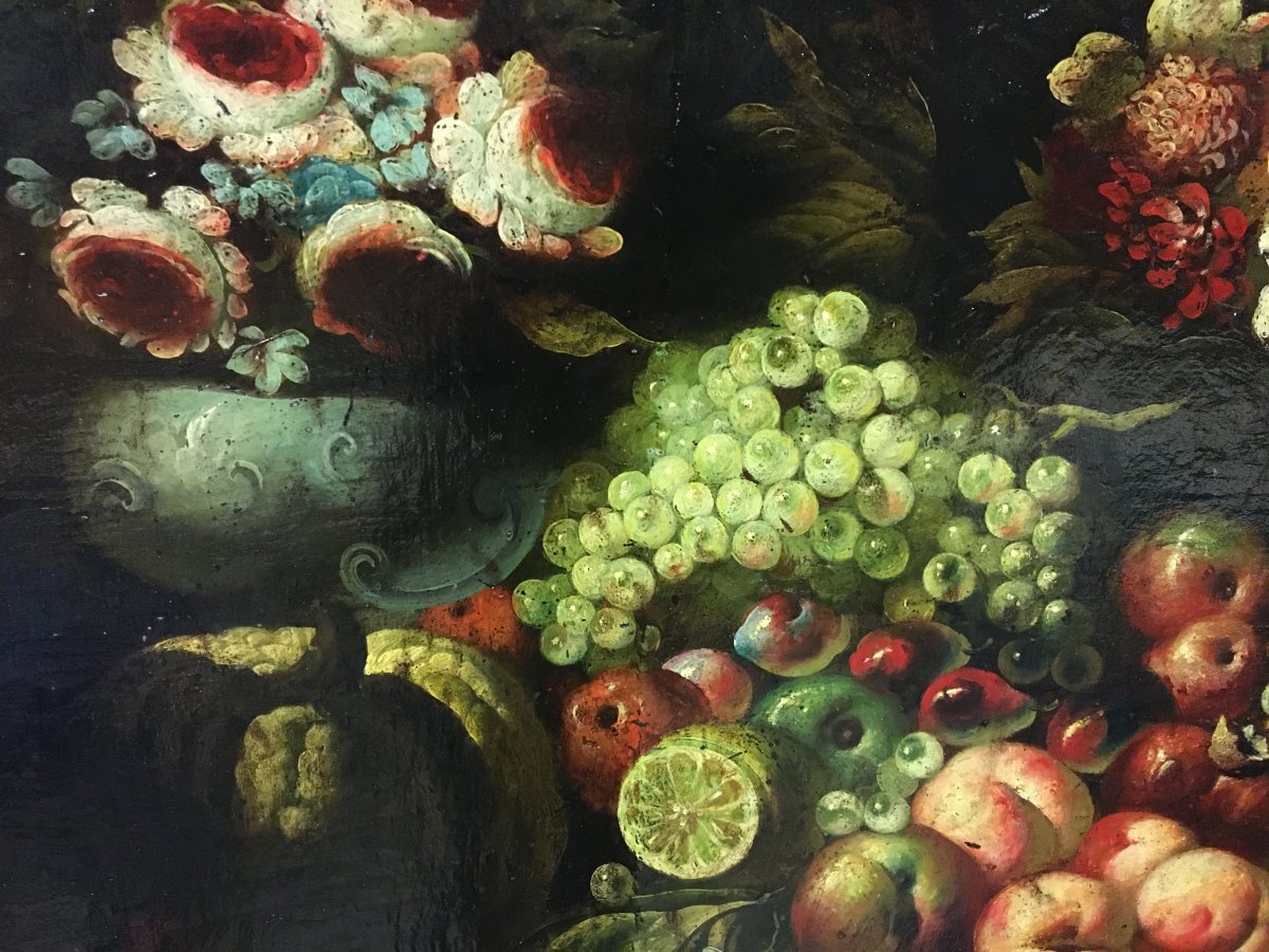 Oil On Canvas - Still Life With Fruits And Flowers 17th Century-photo-7