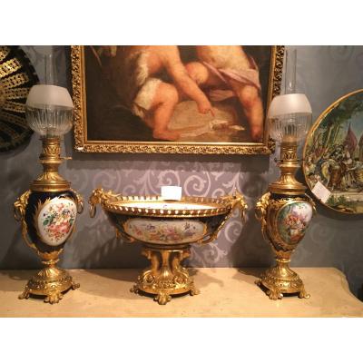 Gilt Bronze And Porcelain Of Paris Bowl And Candlesticks