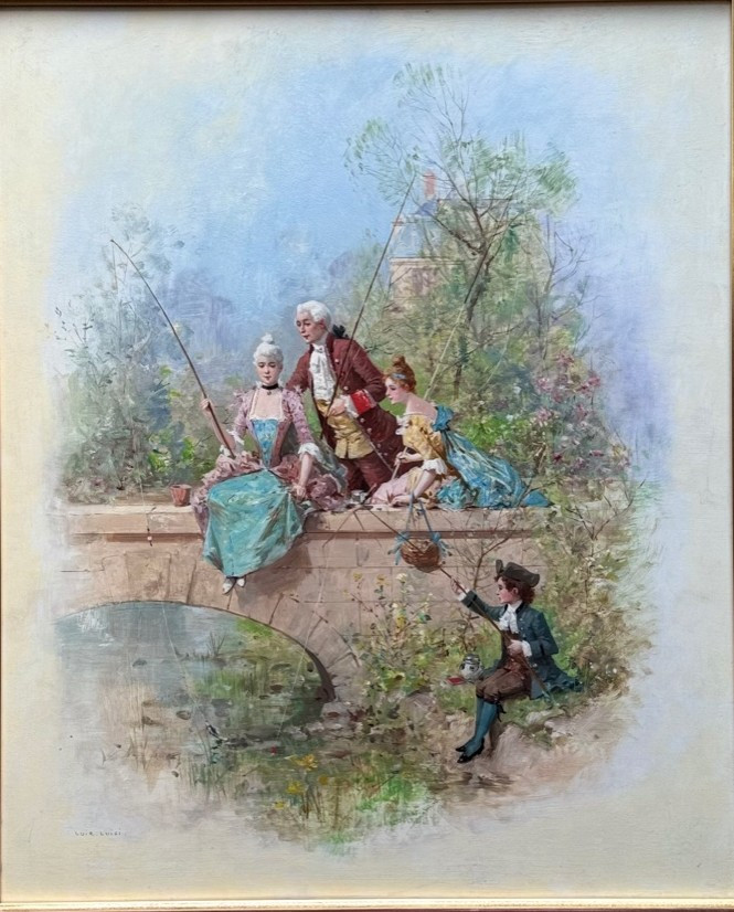 Huile sur panneau : "La le&ccedil;on de p&ecirc;che" - Luigi Loir (1845-1916)-photo-2
