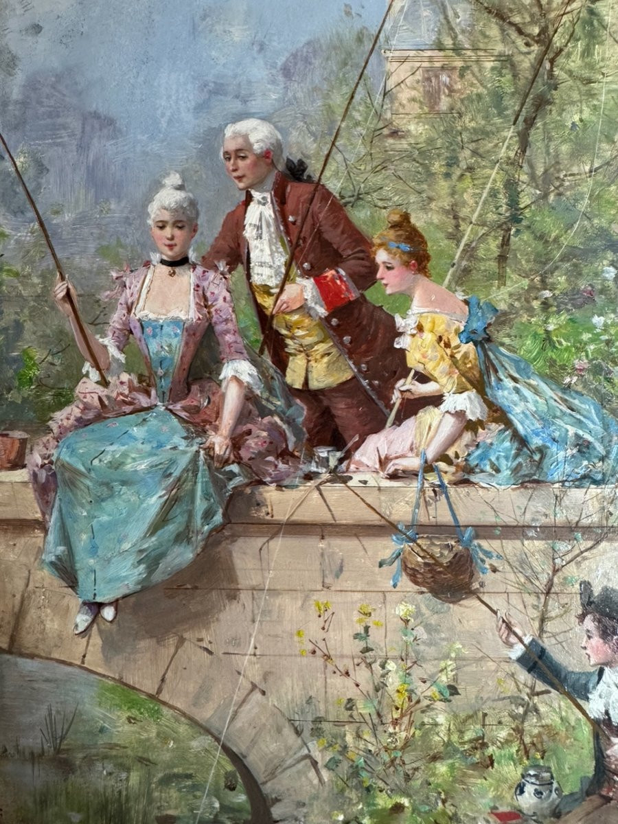 Huile sur panneau : "La le&ccedil;on de p&ecirc;che" - Luigi Loir (1845-1916)-photo-3