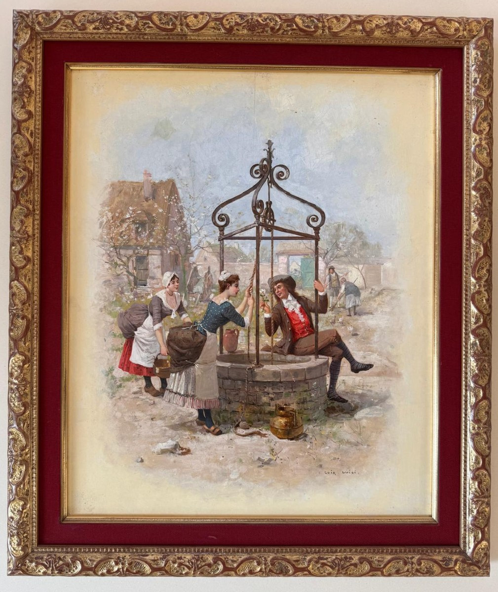 Huile sur panneau "Le puit" - Luigi Loir (1845–1916)