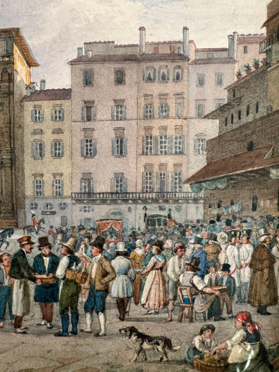 Watercolor On Paper: "view Of The Piazza Della Signoria", Circa 1850 -amadeo Preziosi (1816-1882)-photo-2
