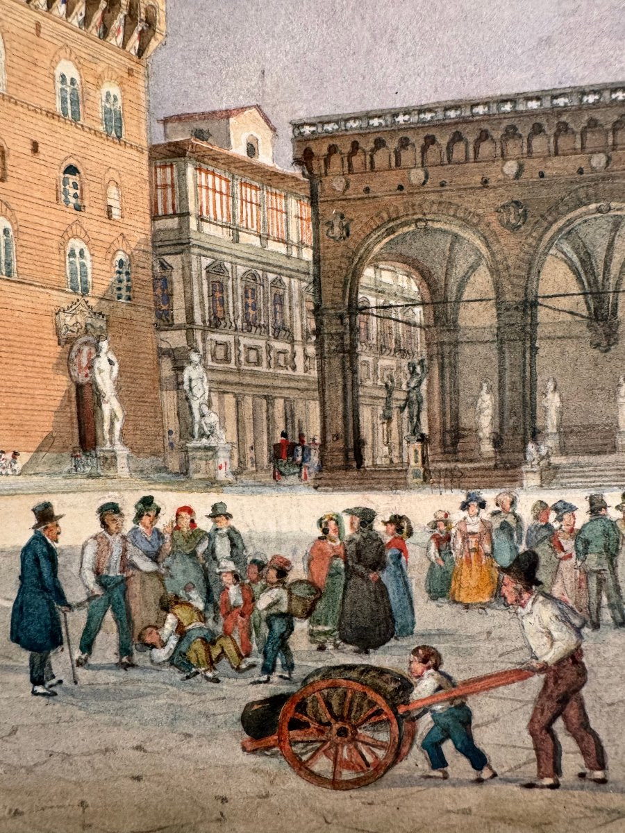 Watercolor On Paper: "view Of The Piazza Della Signoria", Circa 1850 -amadeo Preziosi (1816-1882)-photo-3