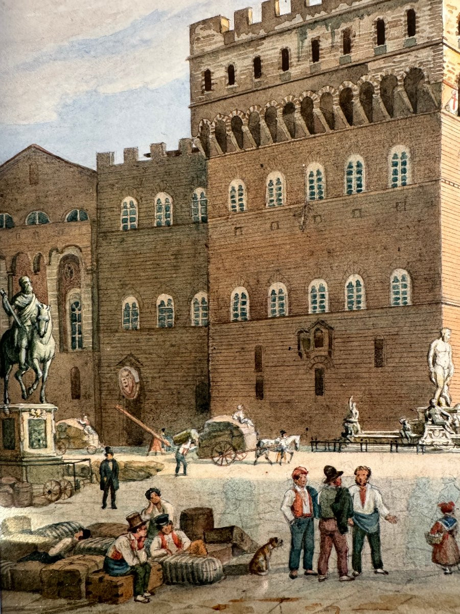 Watercolor On Paper: "view Of The Piazza Della Signoria", Circa 1850 -amadeo Preziosi (1816-1882)-photo-4