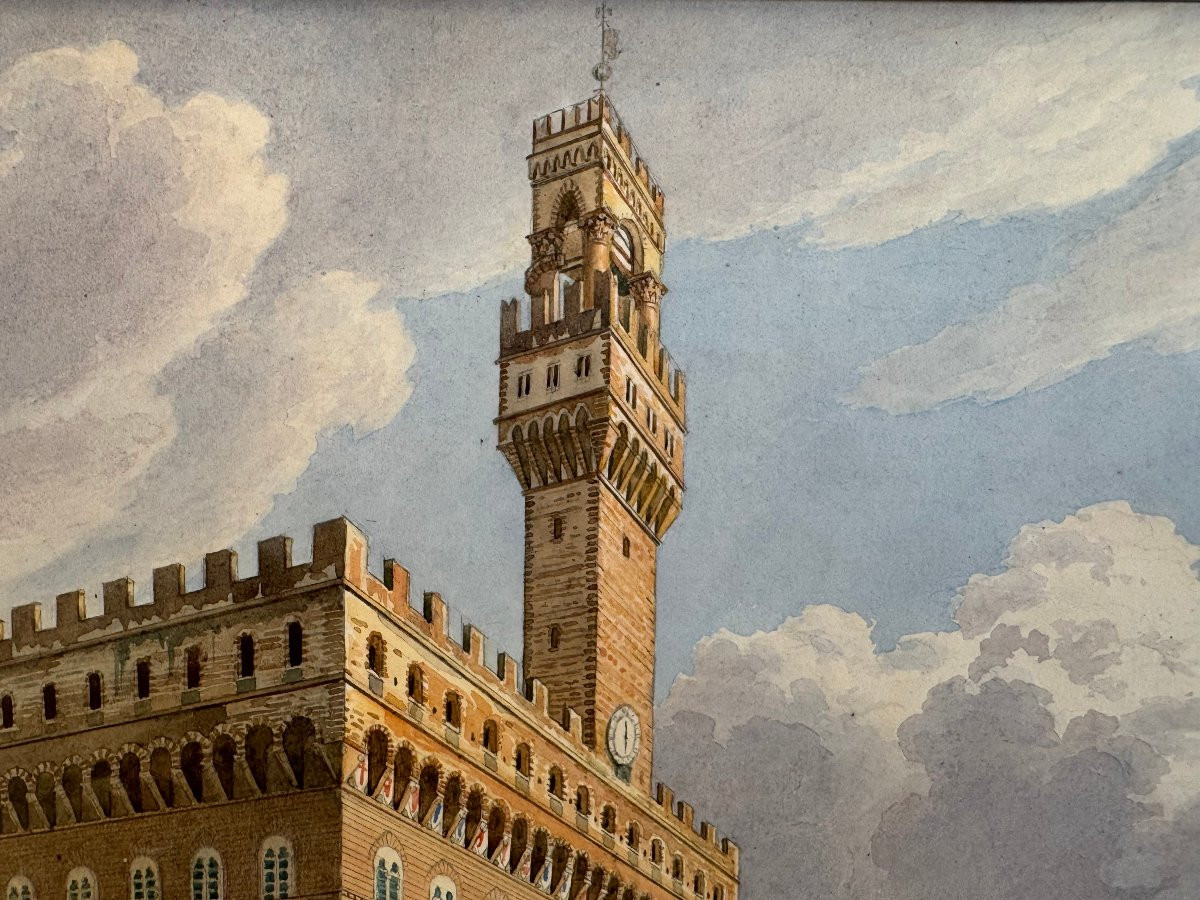 Watercolor On Paper: "view Of The Piazza Della Signoria", Circa 1850 -amadeo Preziosi (1816-1882)-photo-1