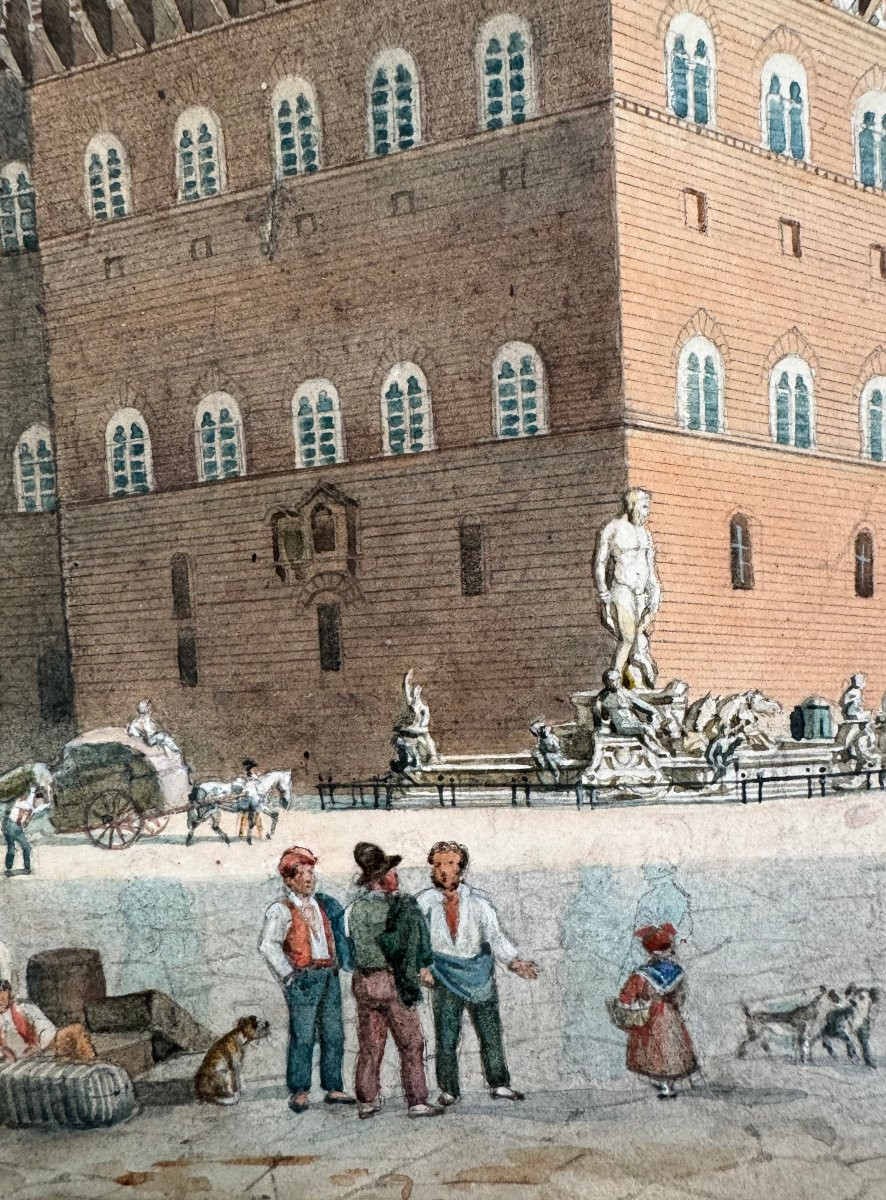 Watercolor On Paper: "view Of The Piazza Della Signoria", Circa 1850 -amadeo Preziosi (1816-1882)-photo-2