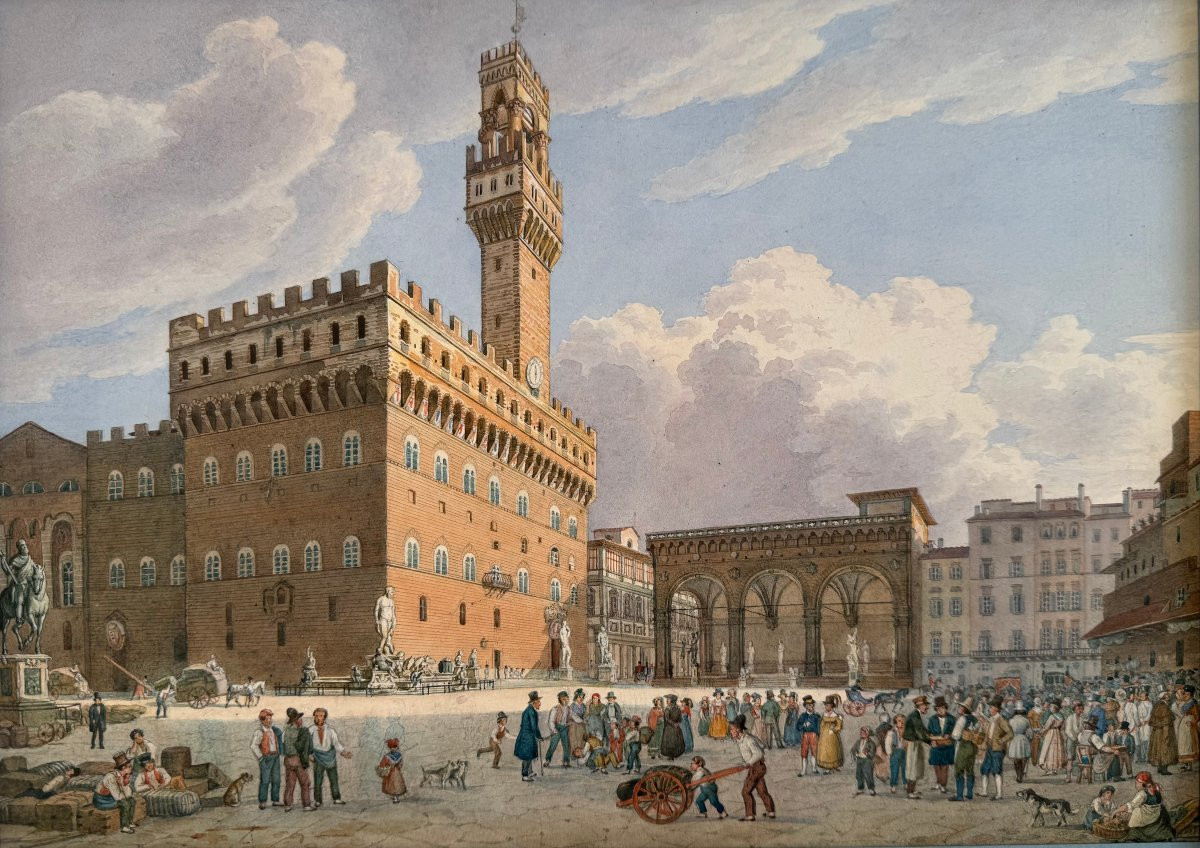 Watercolor On Paper: "view Of The Piazza Della Signoria", Circa 1850 -amadeo Preziosi (1816-1882)-photo-3