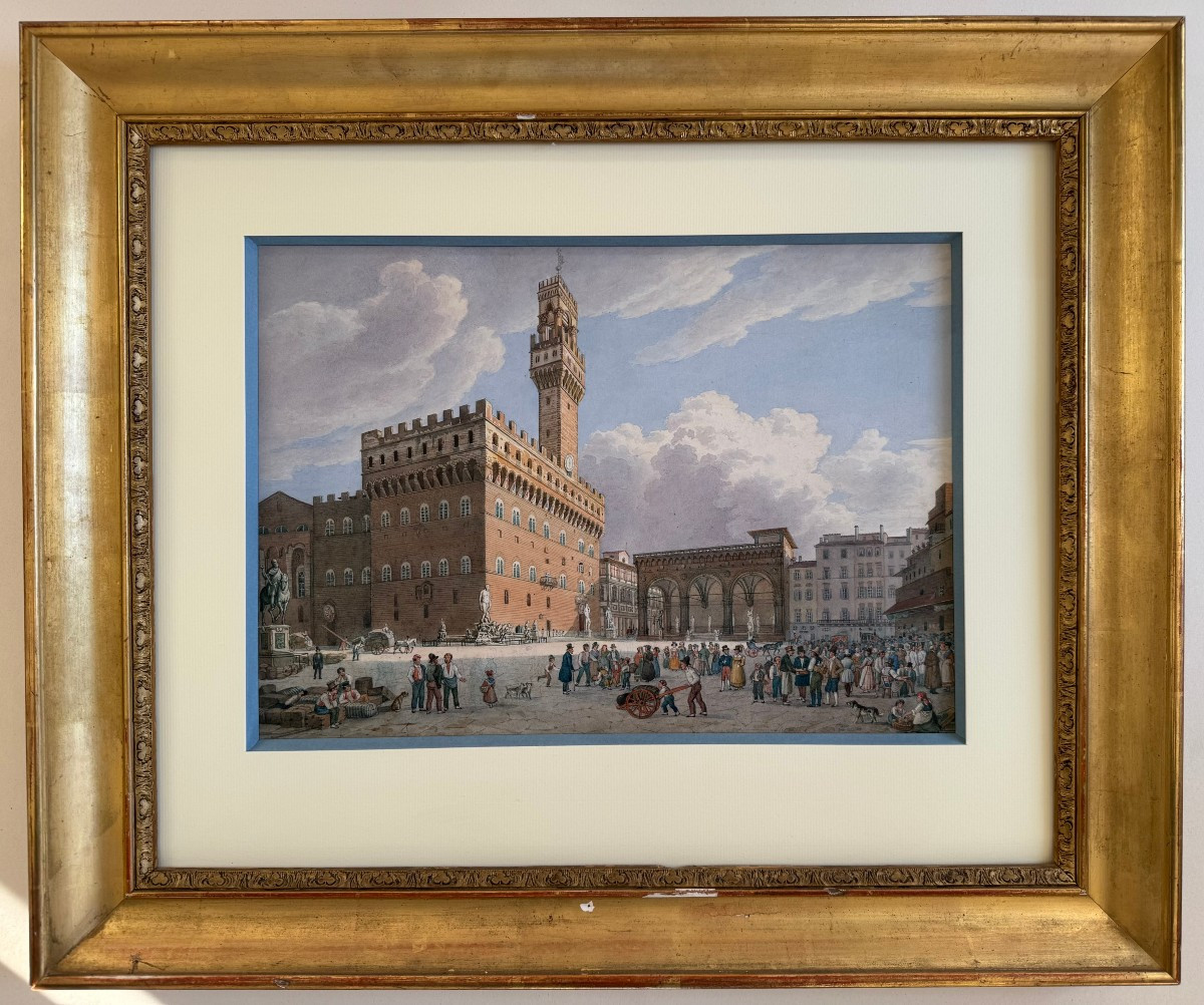 Watercolor On Paper: "view Of The Piazza Della Signoria", Circa 1850 -amadeo Preziosi (1816-1882)